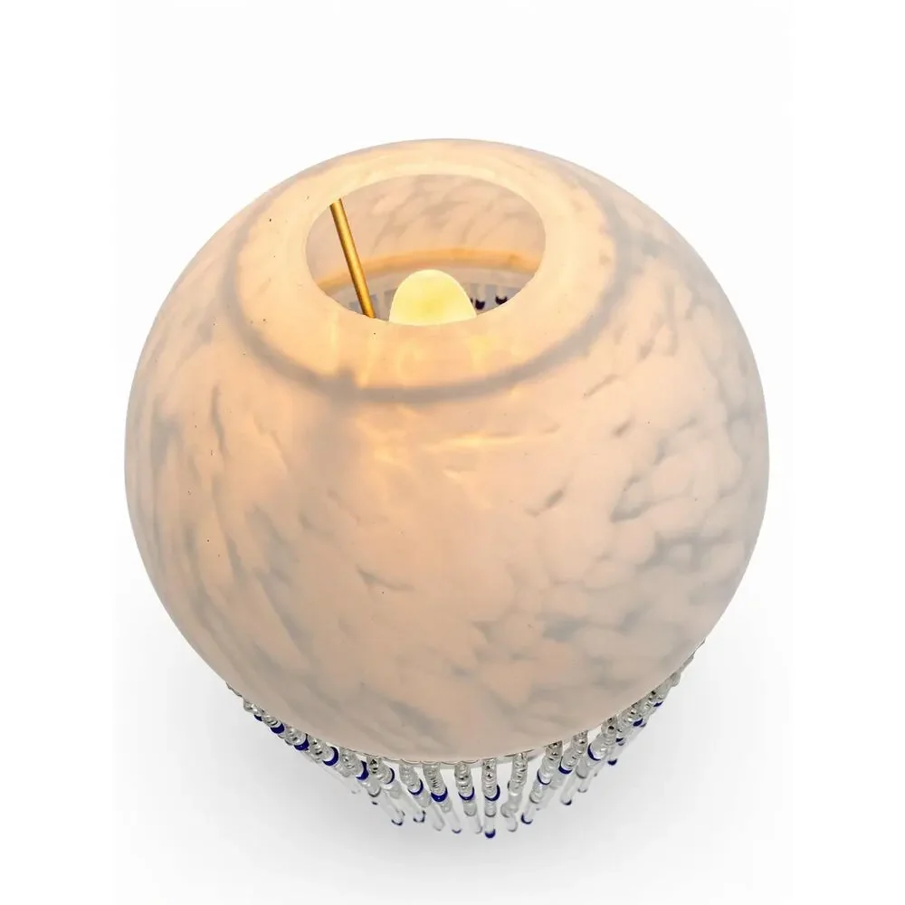 Boudoir Accent Lamp, Frosted Glass Globe Shade, Cobalt Blue Bead Fringe